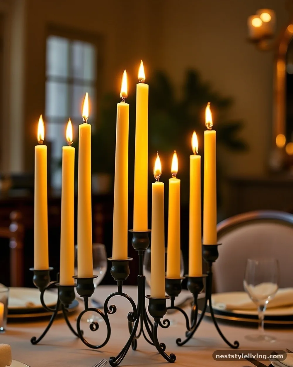 Tapered Candles in Iron Holders - 19 Modern Farmhouse Dining Room Ideas That Feel Cozy