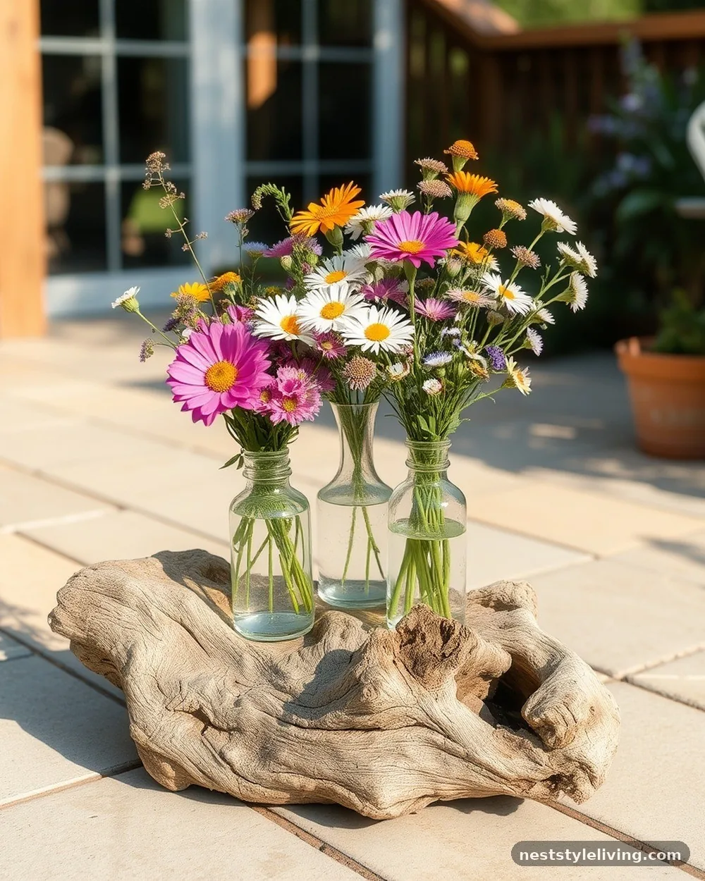 Driftwood Base and Vases - 20 Flower Bar Ideas for a Charming Garden Setup Today