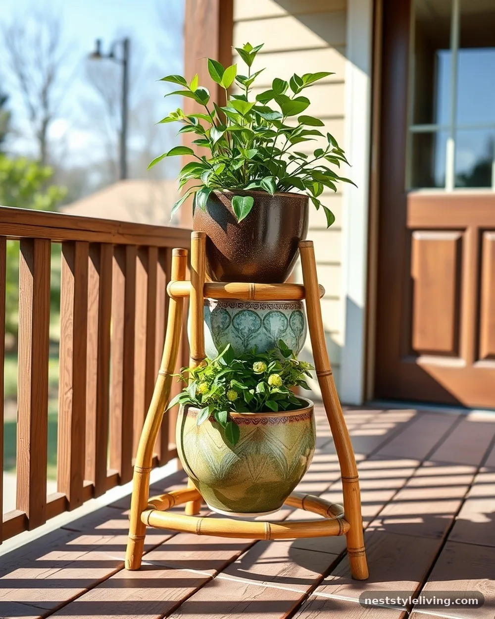 Tiered Bamboo or Wicker Stands - 19 Front Porch Flower Pots Ideas to Boost Curb Appeal