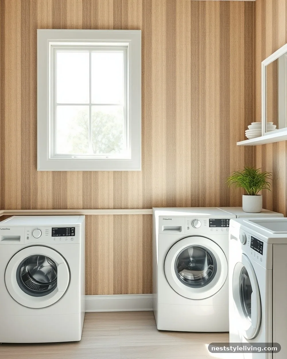 Coastal Grasscloth Stripes - 23 Laundry Room Wallpaper Ideas That Look Stylish