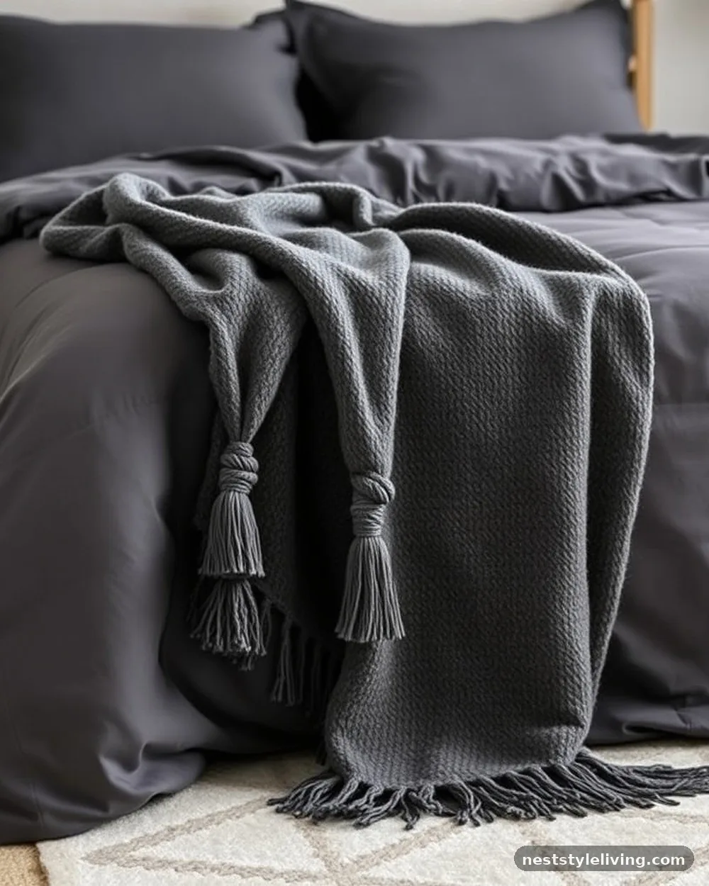 Wool Throw with Tassels - 19 Dark Elegant Bedroom Ideas That Feel Cozy and Calm