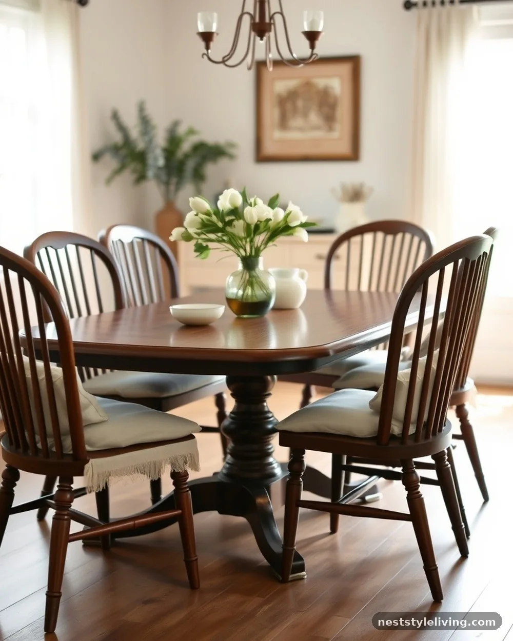 Linen-Upholstered Spindle Chairs - 19 Modern Farmhouse Dining Room Ideas That Feel Cozy