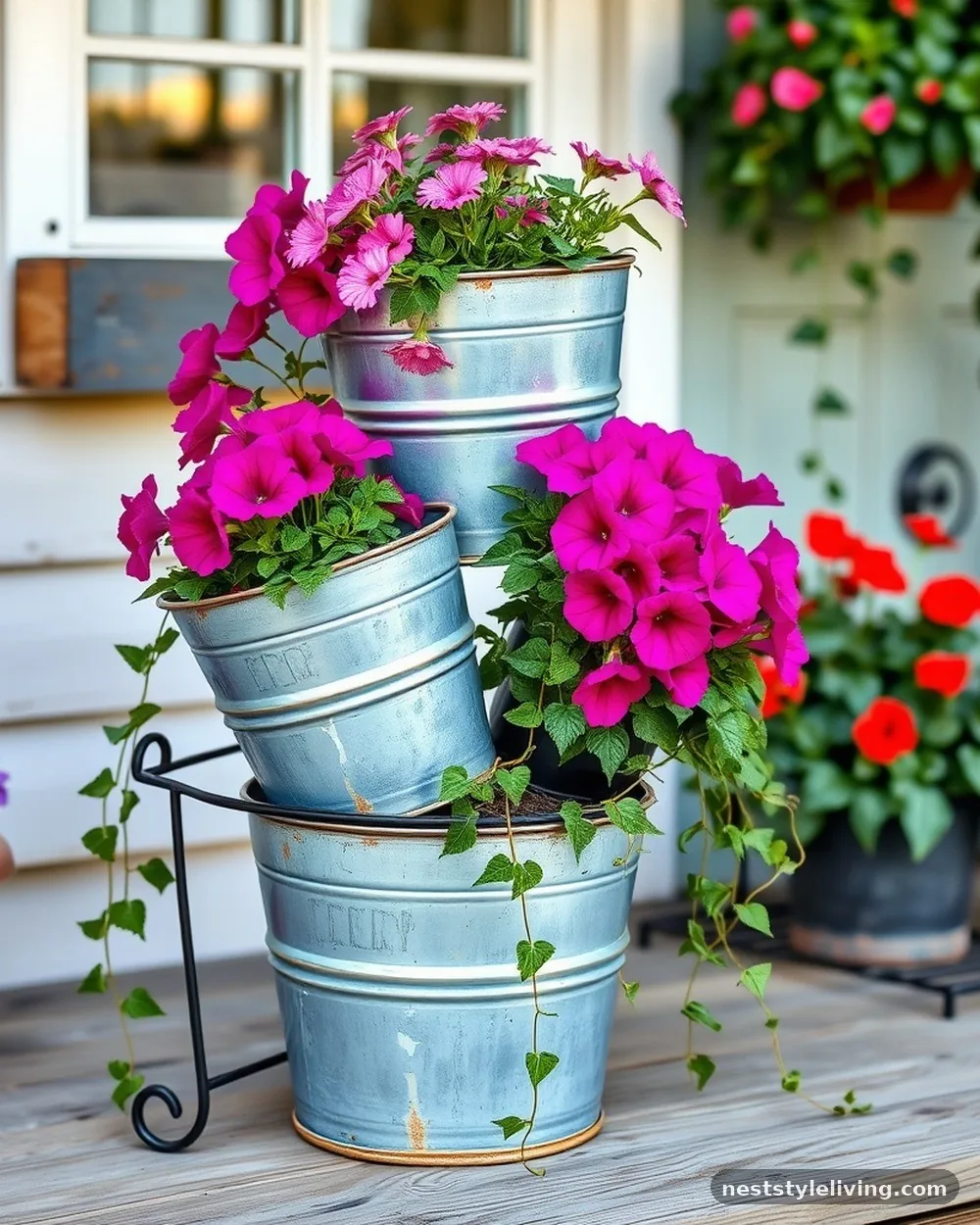 Tiered Galvanized Metal Buckets - 19 Front Porch Flower Pots Ideas to Boost Curb Appeal