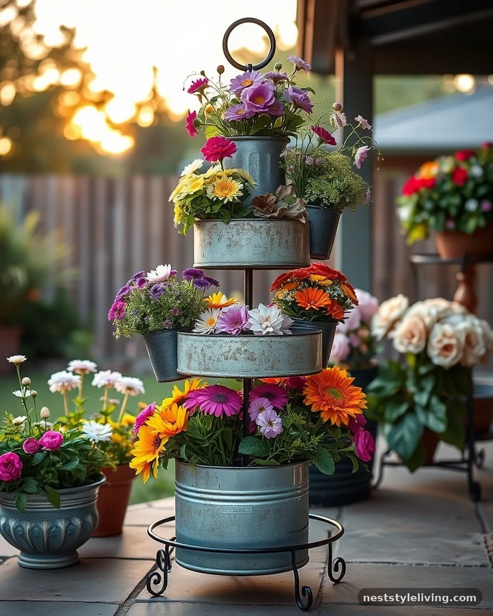 Tiered Galvanized Metal Stands - 20 Flower Bar Ideas for a Charming Garden Setup Today