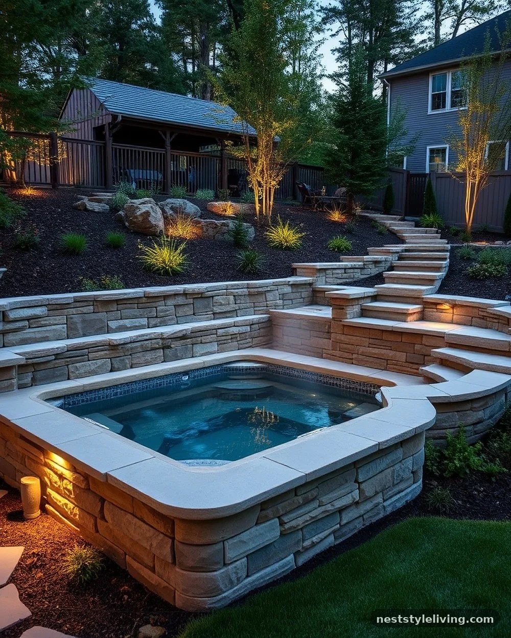 Tiered Stone Retaining Walls - 21 Outdoor Jacuzzi Ideas for a Calm, Cozy Backyard