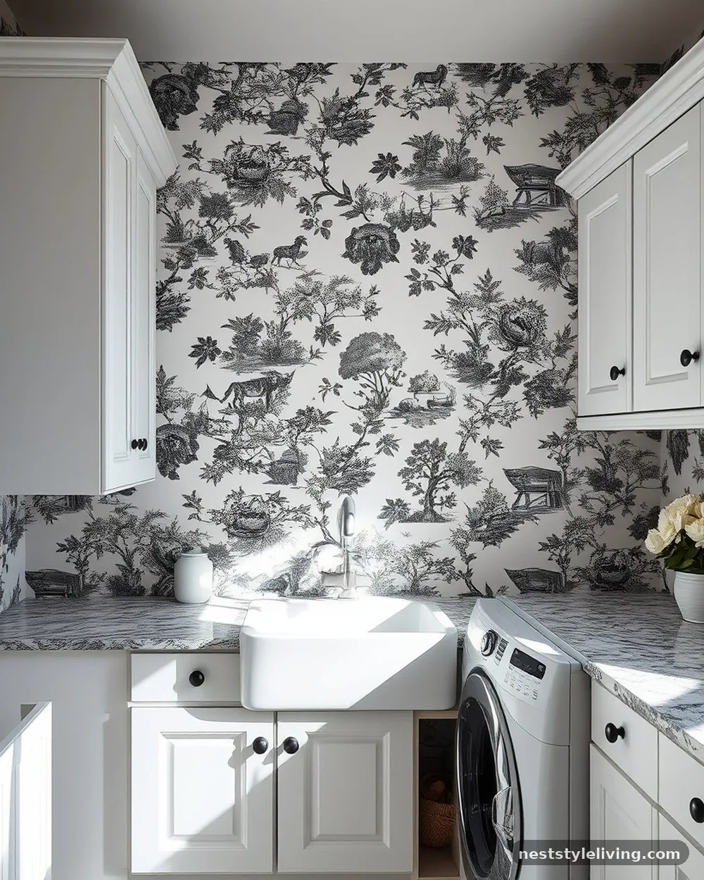 Vintage Black and White Toile - 23 Laundry Room Wallpaper Ideas That Look Stylish