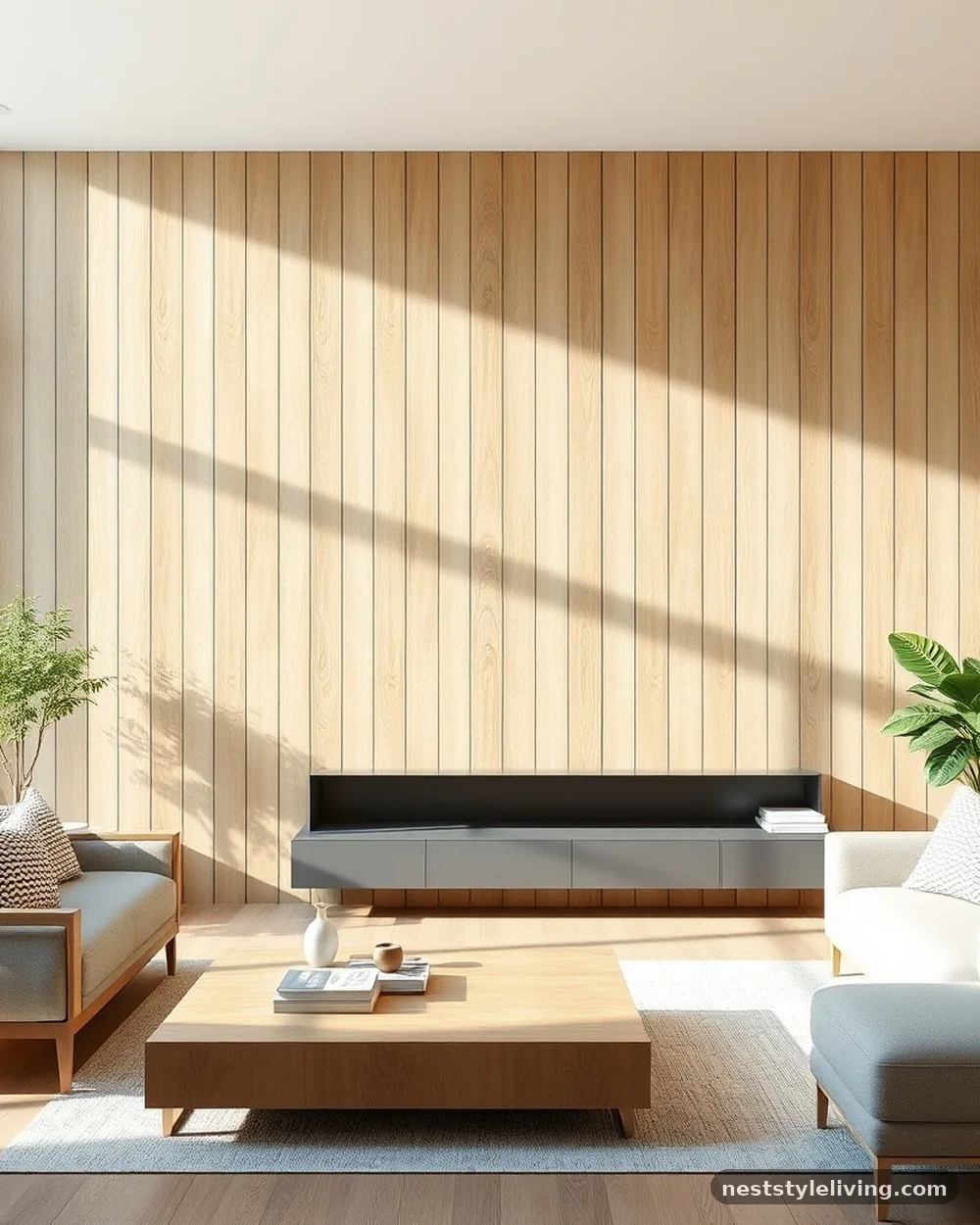Warm Oak Slat Wall Accents - 14 Japandi Living Room Ideas for a Calm, Modern Look