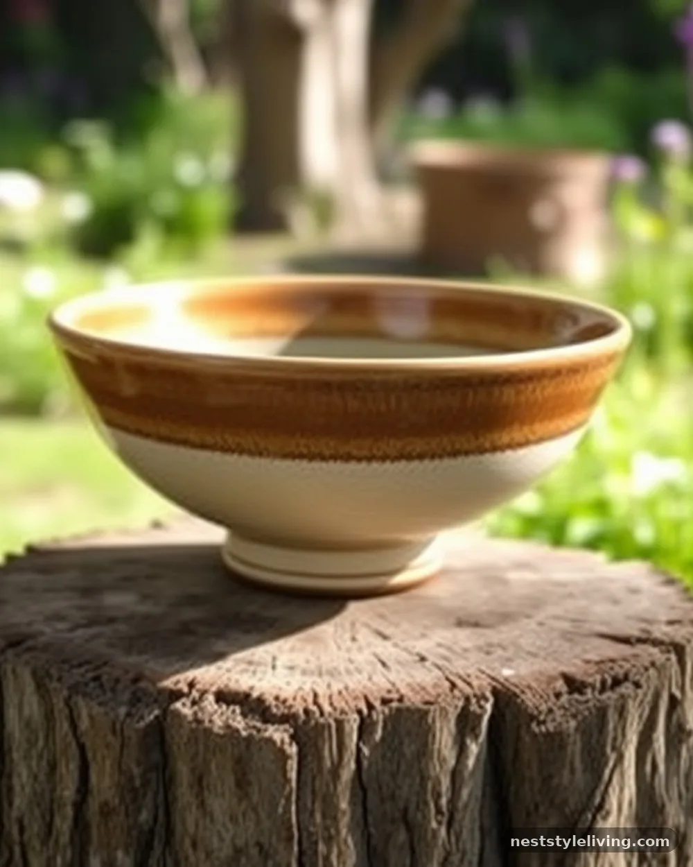 Ceramic Shallow Bowl on a Stump - 23 Bird Bath Garden Ideas for a Beautiful Backyard