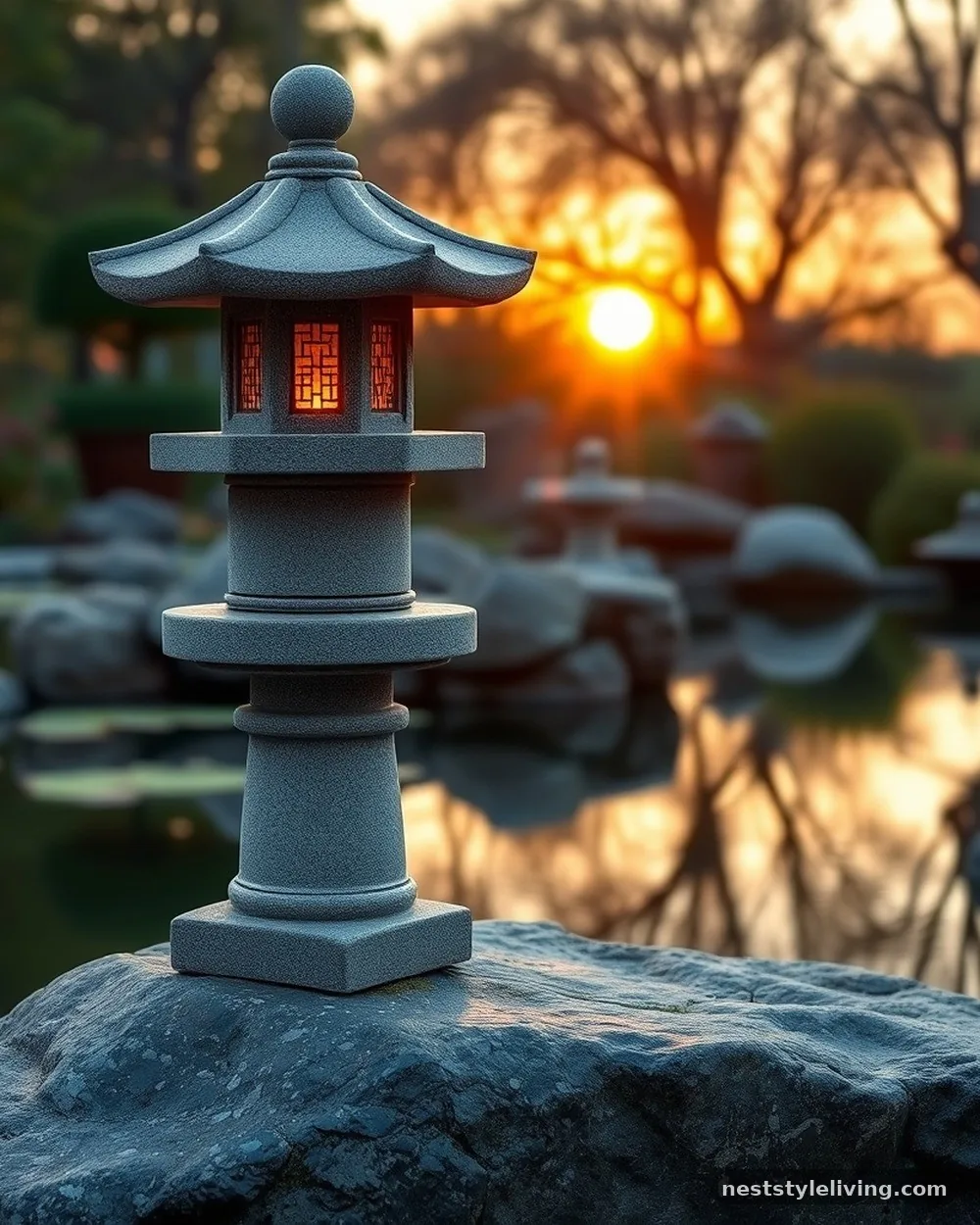 Stone Lantern Accents - 22 Pond Landscaping Ideas for a Serene Outdoor Space