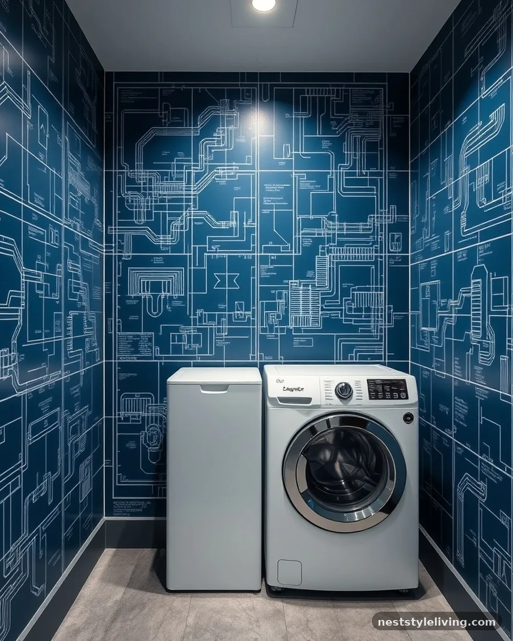 Architectural Blueprint Prints - 23 Laundry Room Wallpaper Ideas That Look Stylish