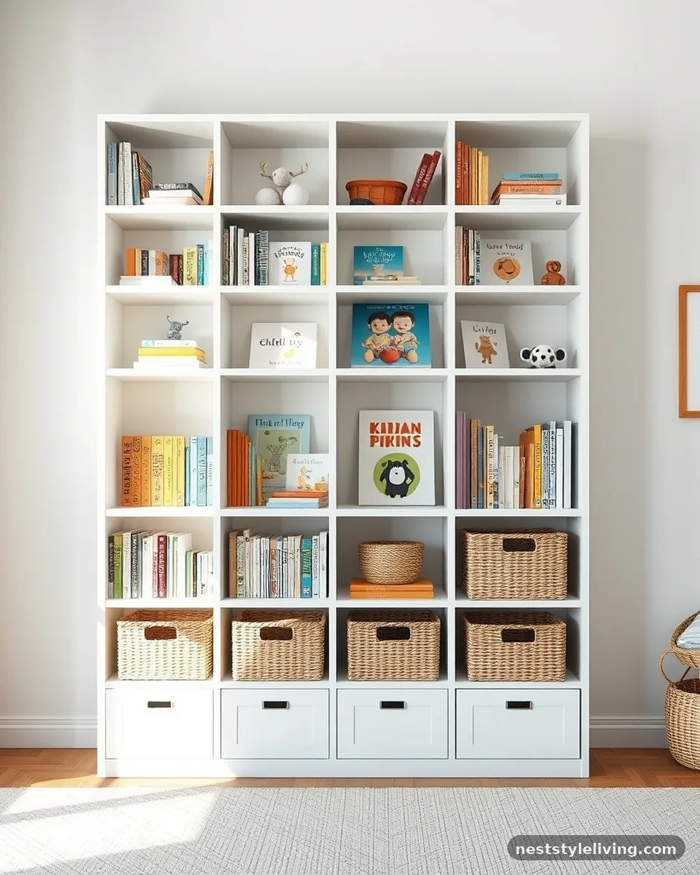 Floor-to-Ceiling Bookshelf - 24 French Inspired Nursery Ideas With Timeless Charm