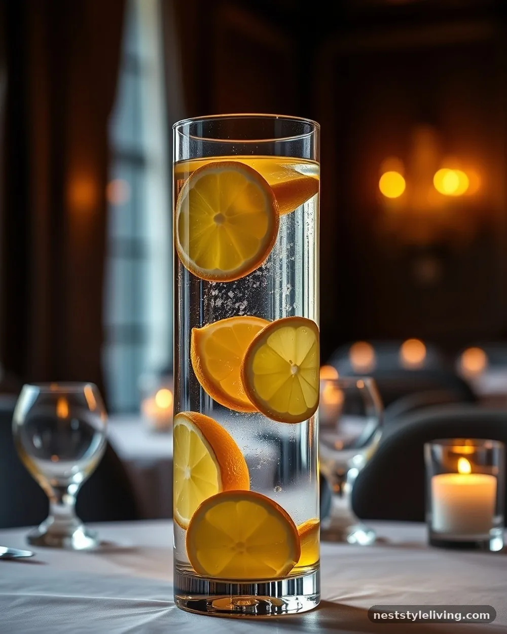 Glass Cylinder with Submerged Slices - 18 Lemon Centerpiece Ideas for a Designer-Level Look