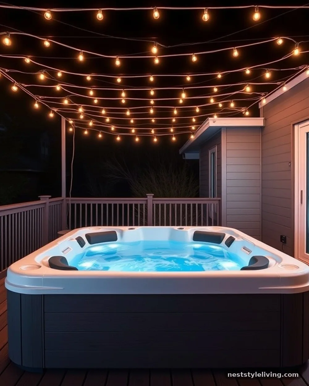 String Lights in Geometric Patterns - 21 Outdoor Jacuzzi Ideas for a Calm, Cozy Backyard