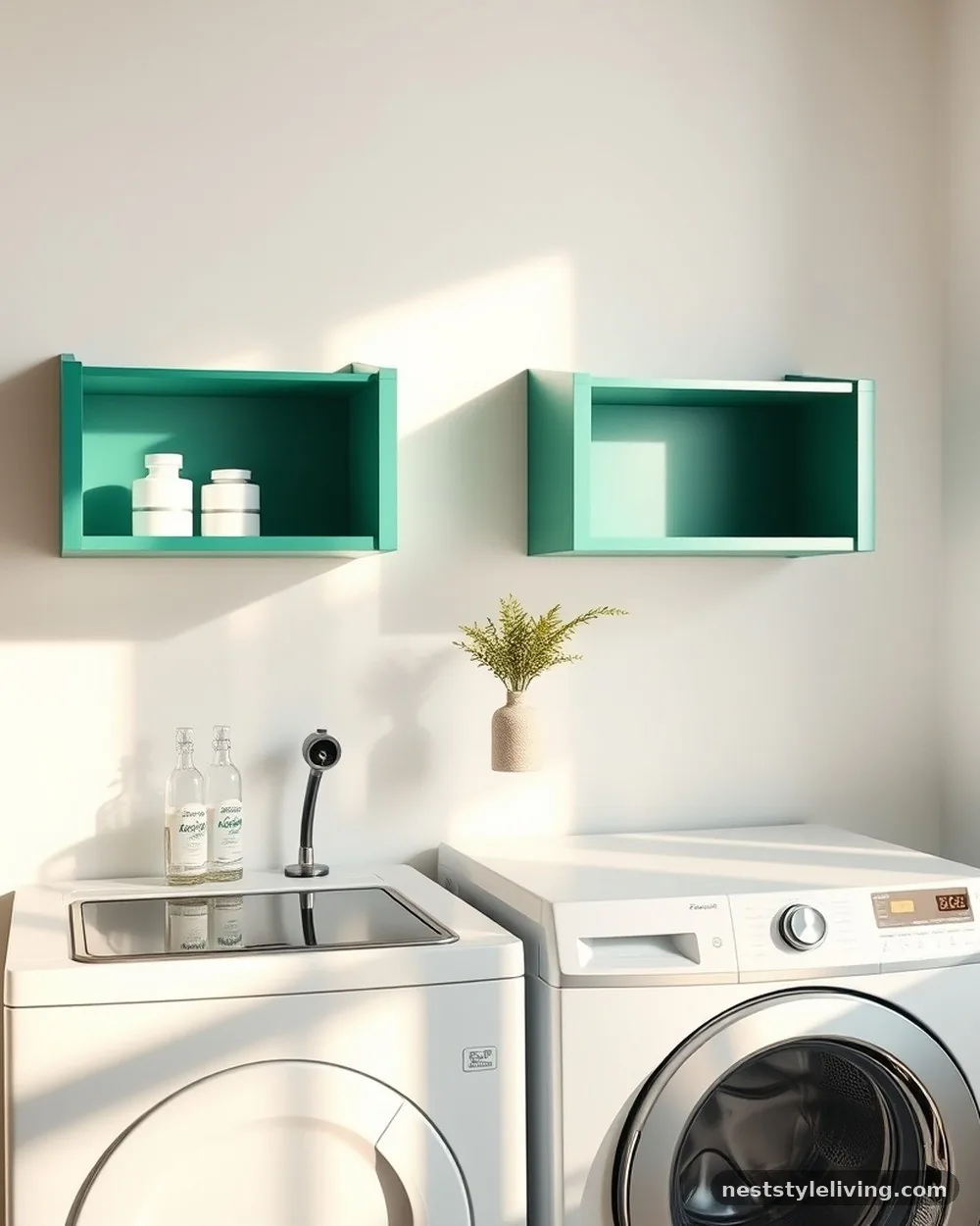 Emerald Green Floating Shelves - 15 Green Laundry Room Ideas for a Fresh Stylish Home