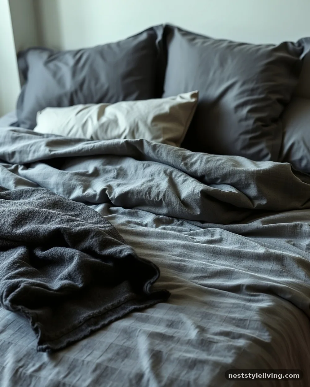 Layered Wool and Silk Bedding - 19 Dark Elegant Bedroom Ideas That Feel Cozy and Calm