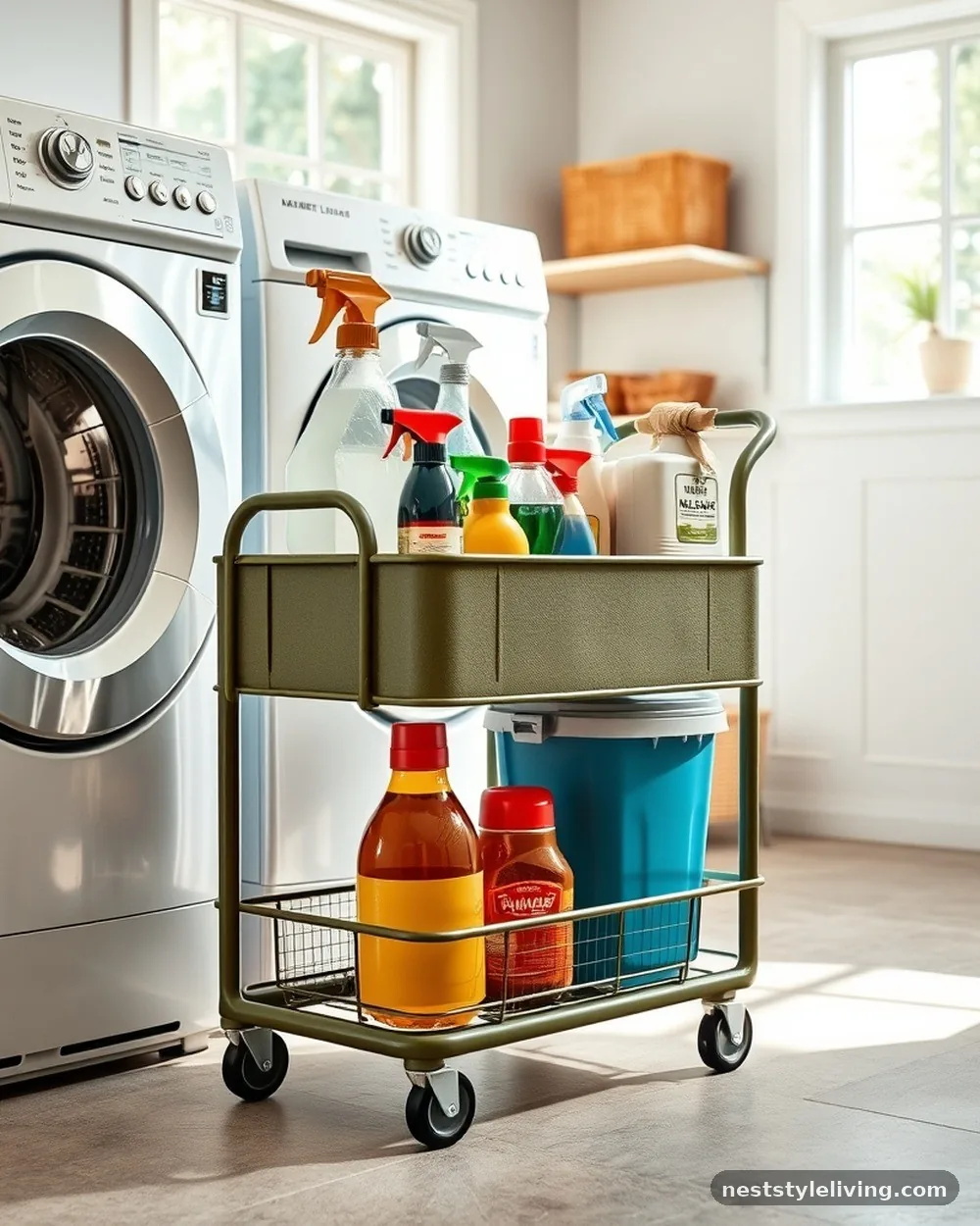 Olive Green Rolling Utility Cart - 15 Green Laundry Room Ideas for a Fresh Stylish Home