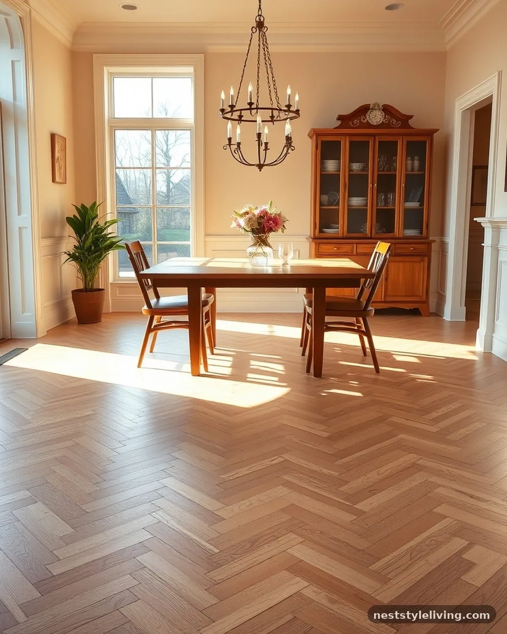 Herringbone Hardwood Flooring - 12 Elegant Dining Room Ideas That Feel Warm and Timeless