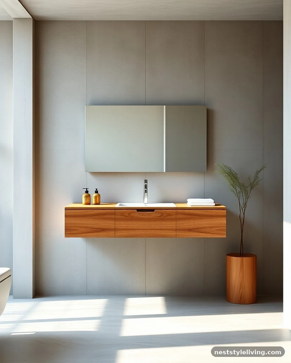 Minimalist Floating Teak Vanities - 13 Japandi Bathroom Ideas That Make Relaxing Feel Luxe