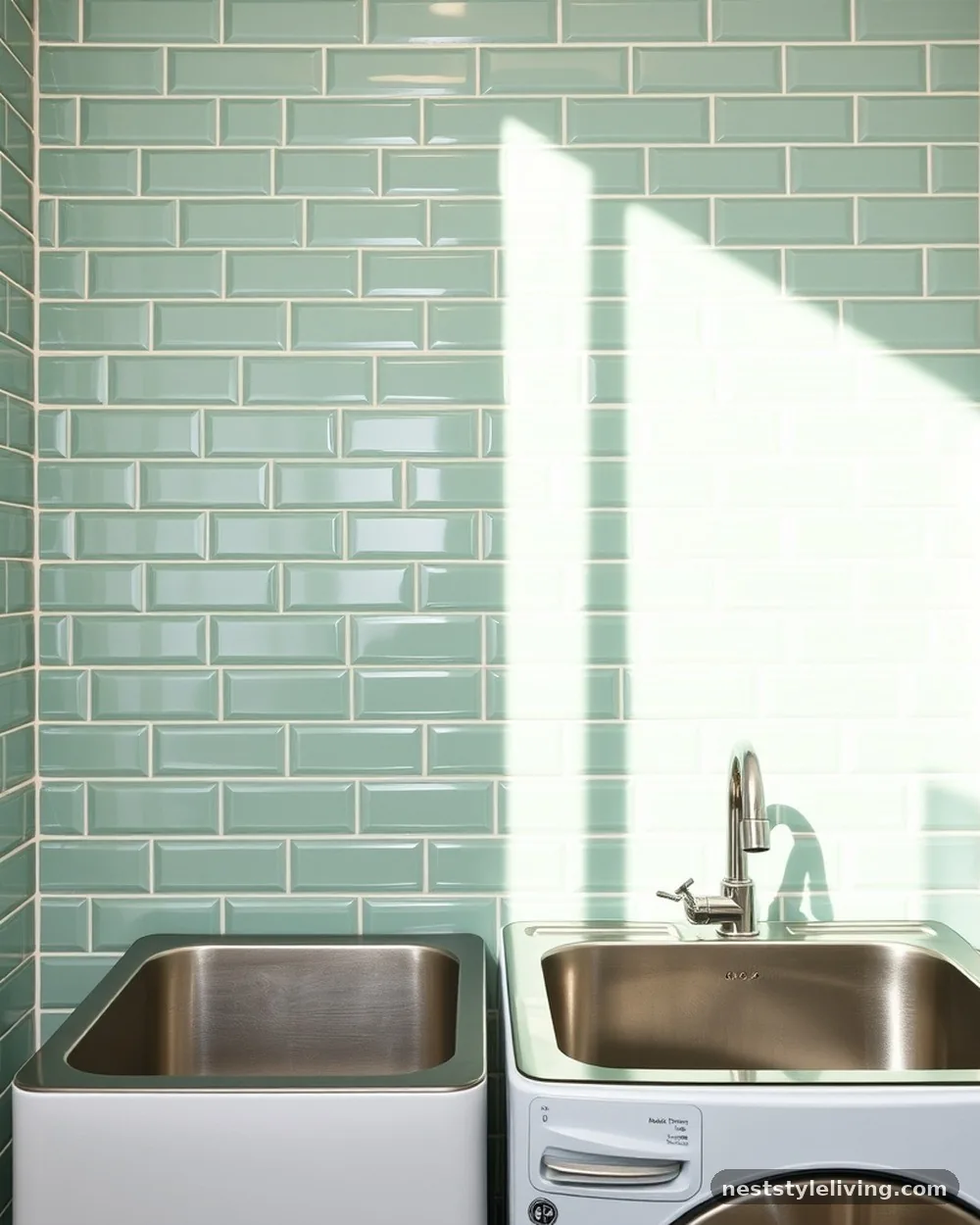 Mint Green Subway Tile Backsplash - 15 Green Laundry Room Ideas for a Fresh Stylish Home