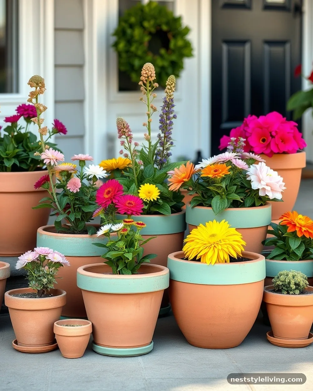 Painted Terracotta Clusters - 19 Front Porch Flower Pots Ideas to Boost Curb Appeal
