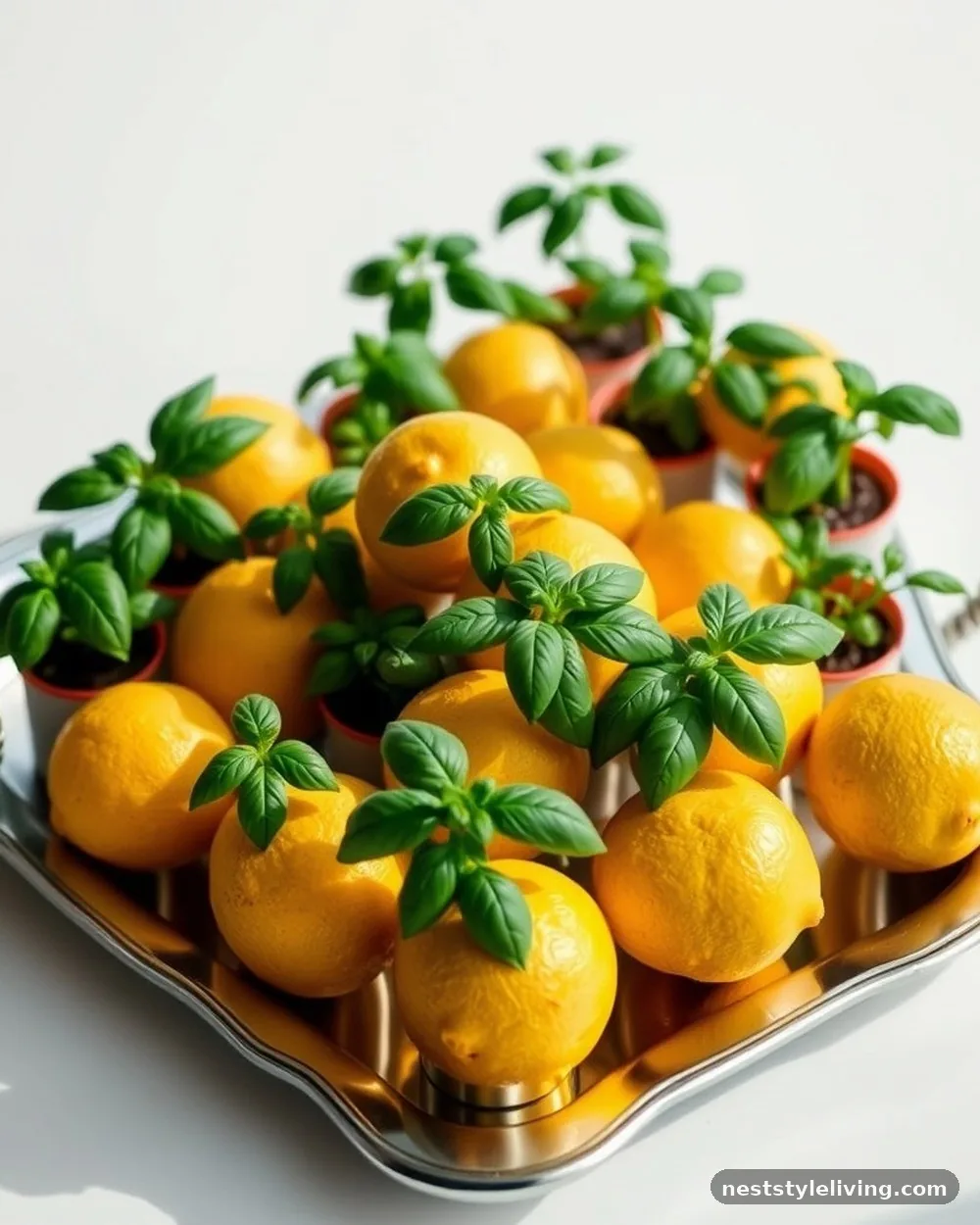 Silver Tray with Potted Herbs - 18 Lemon Centerpiece Ideas for a Designer-Level Look