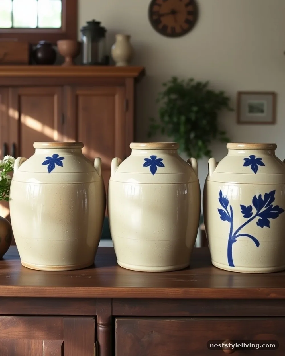 Stoneware Crock Collections - 17 Primitive Living Room Ideas With Warm Rustic Charm