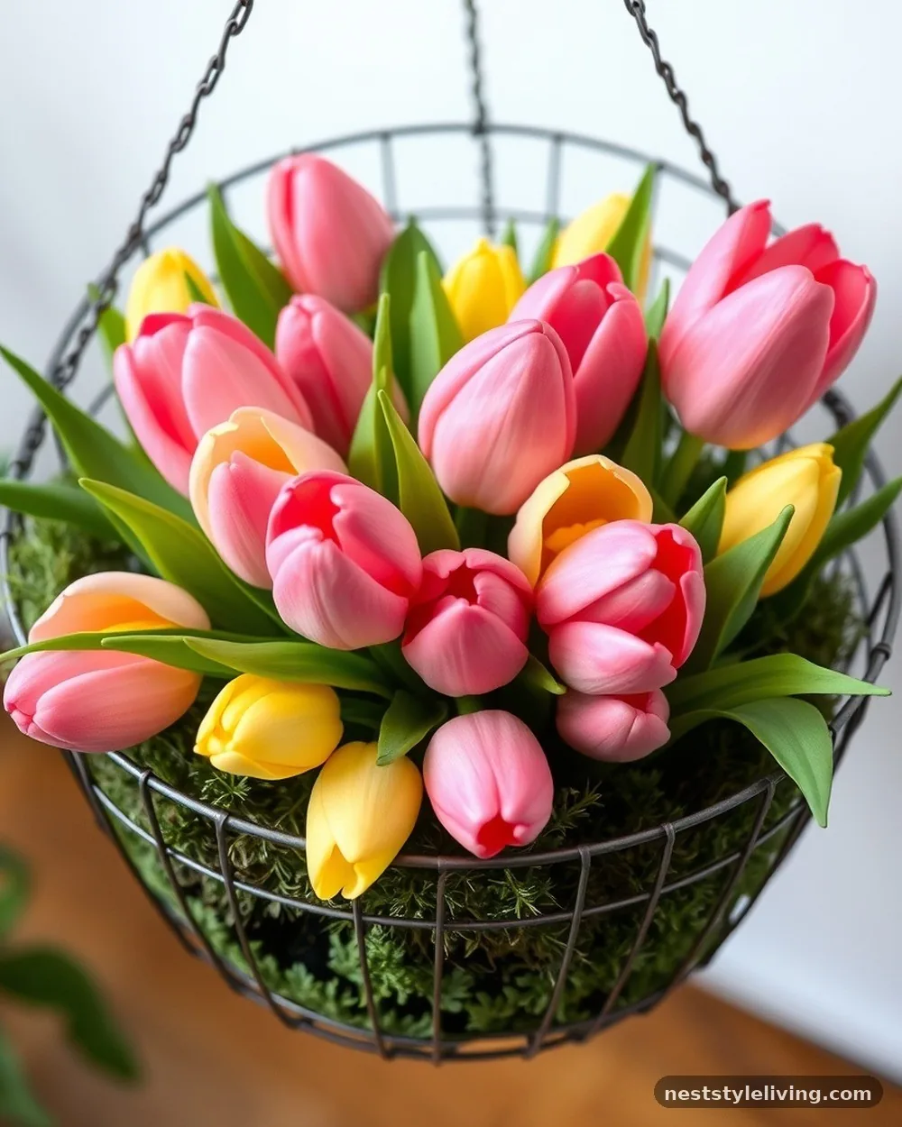 Hanging Moss Baskets with Silk Blooms - 22 Easter Front Porch Ideas for a Fresh Spring Welcome