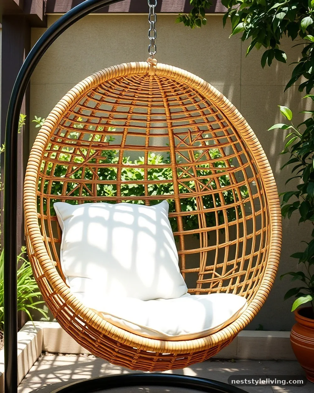 Hanging Rattan Egg Chair - 22 Backyard Corner Ideas for a Cozy Outdoor Retreat
