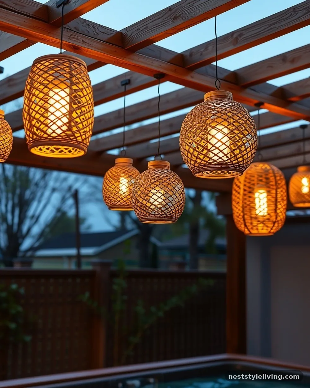 Hanging Rattan Lanterns - 21 Outdoor Jacuzzi Ideas for a Calm, Cozy Backyard