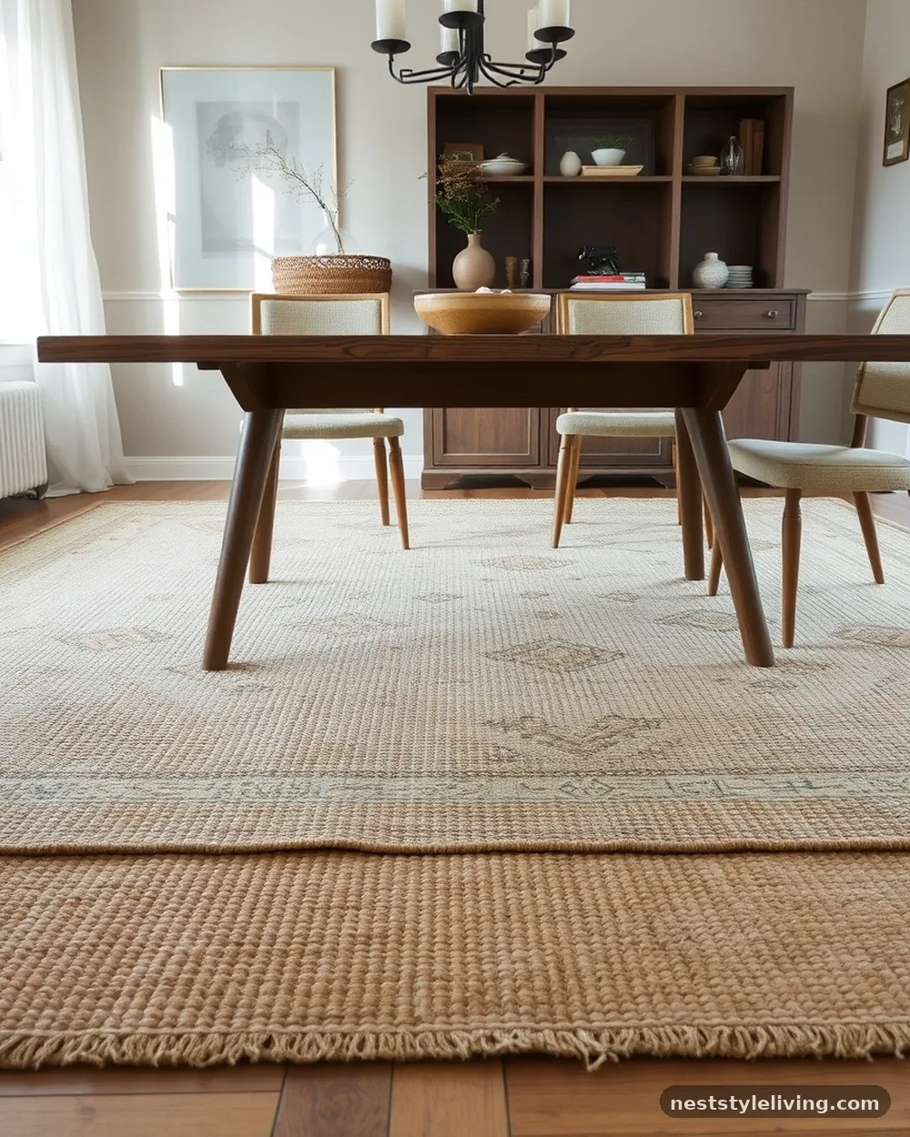 Neutral Layered Area Rugs - 19 Modern Farmhouse Dining Room Ideas That Feel Cozy