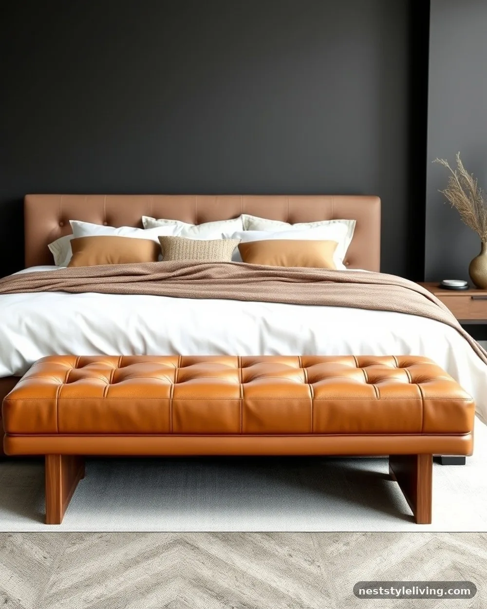 Tufted Leather Bench - 19 Dark Elegant Bedroom Ideas That Feel Cozy and Calm