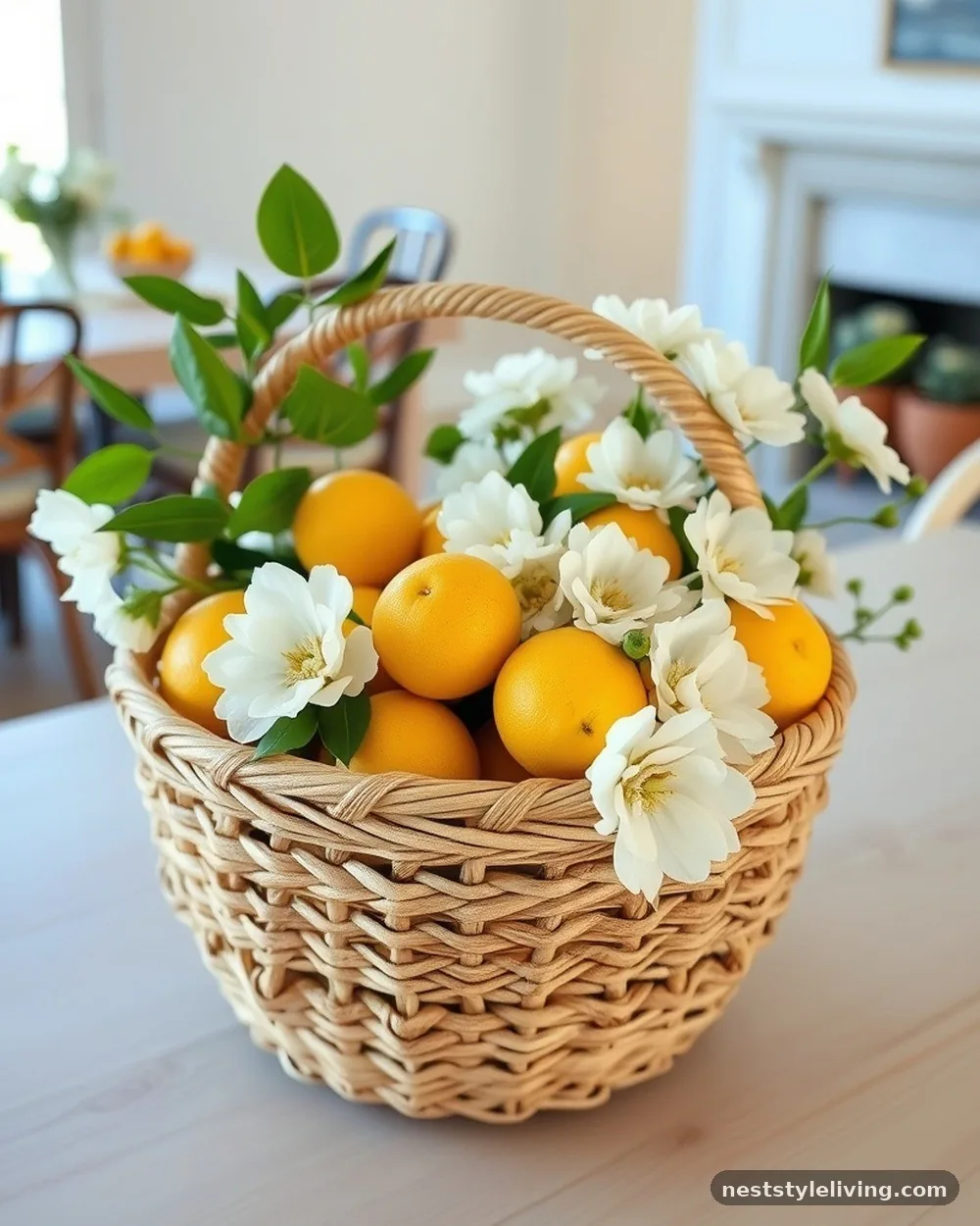 Woven Rattan Basket with White Florals - 18 Lemon Centerpiece Ideas for a Designer-Level Look