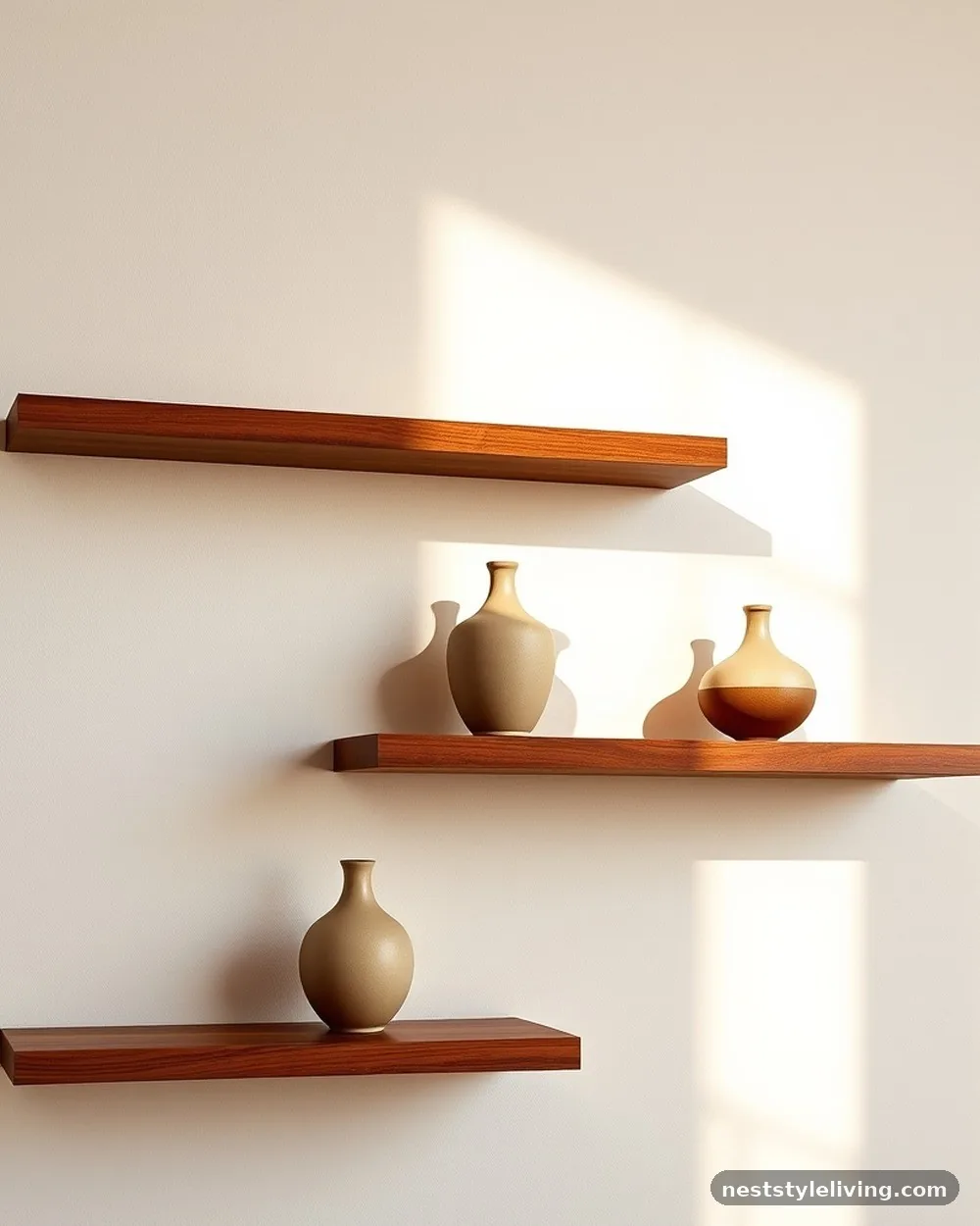 Walnut Floating Shelves - 18 Mid Century Modern Living Room Ideas to Love Today