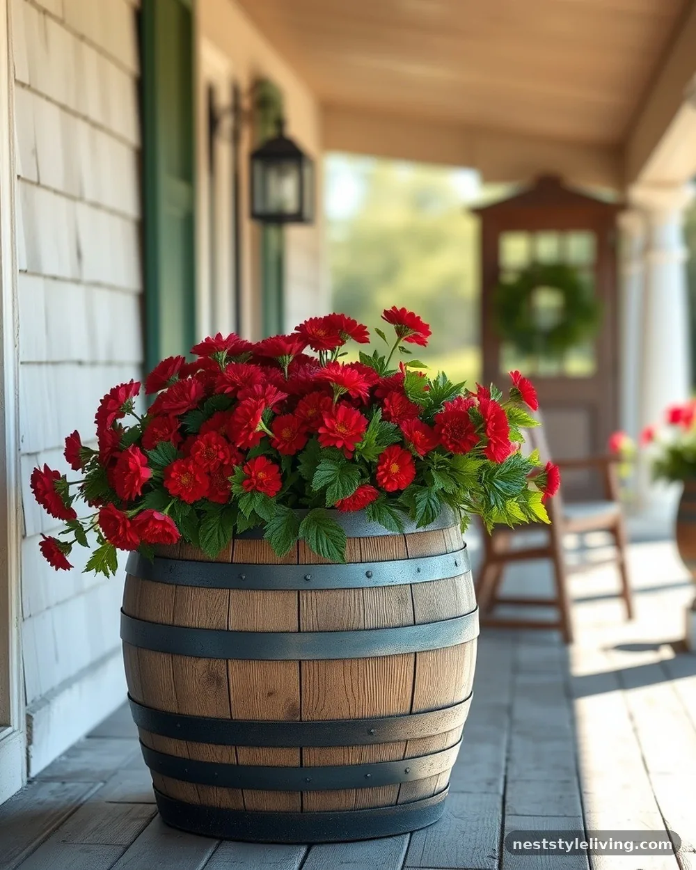 Weathered Wooden Wine Barrels - 19 Front Porch Flower Pots Ideas to Boost Curb Appeal