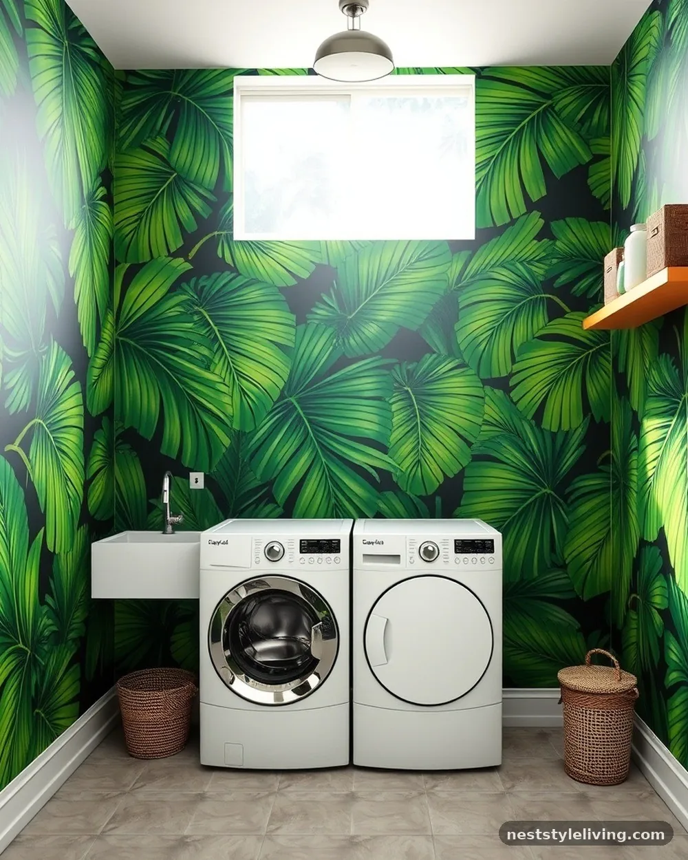 Bold Tropical Palm Leaves - 23 Laundry Room Wallpaper Ideas That Look Stylish