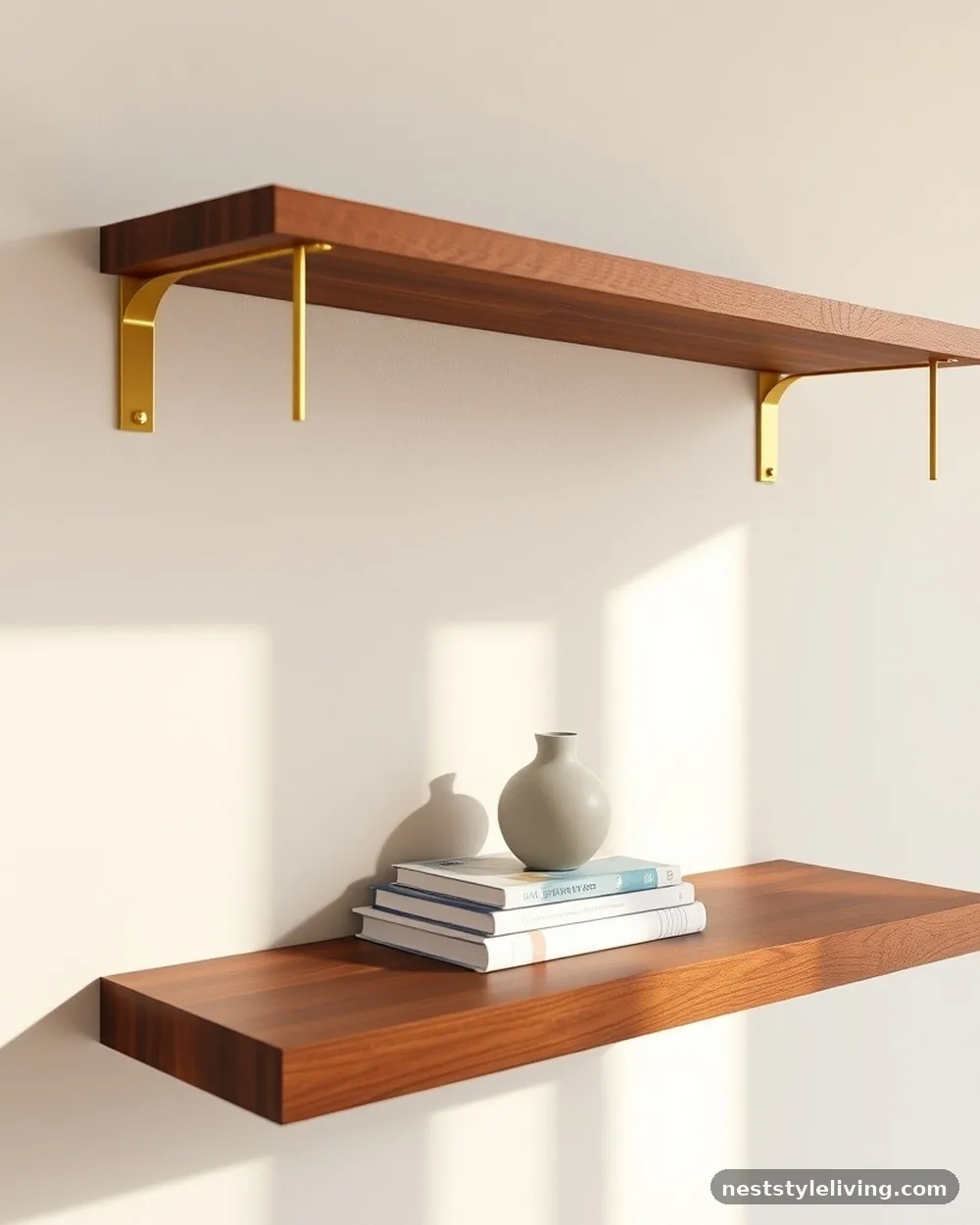 Floating Shelves with Brass Brackets - 15 Mid Century Modern Apartment Ideas With Character