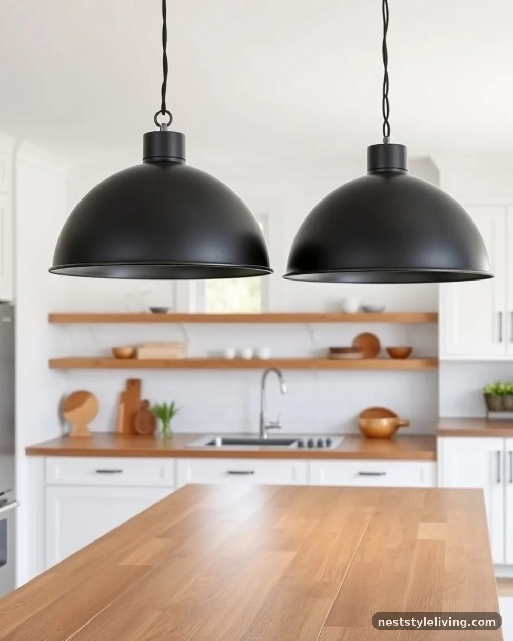 Industrial-Style Metal Pendant Lights - 21 Rustic Farmhouse Kitchen Ideas Full of Cozy Charm