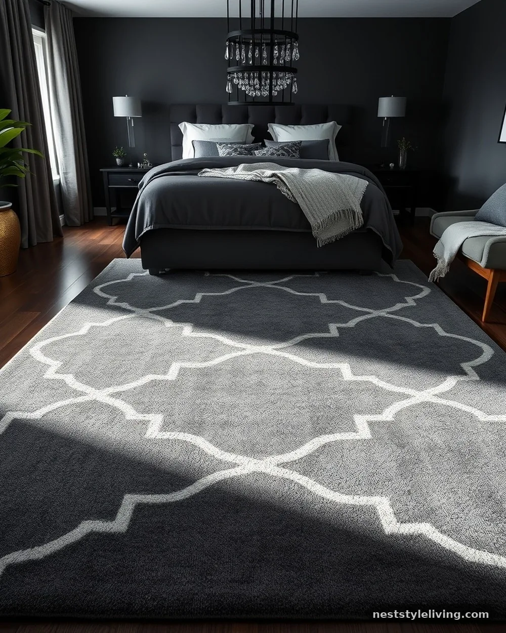 Wool Area Rug with Subtle Pattern - 19 Dark Elegant Bedroom Ideas That Feel Cozy and Calm