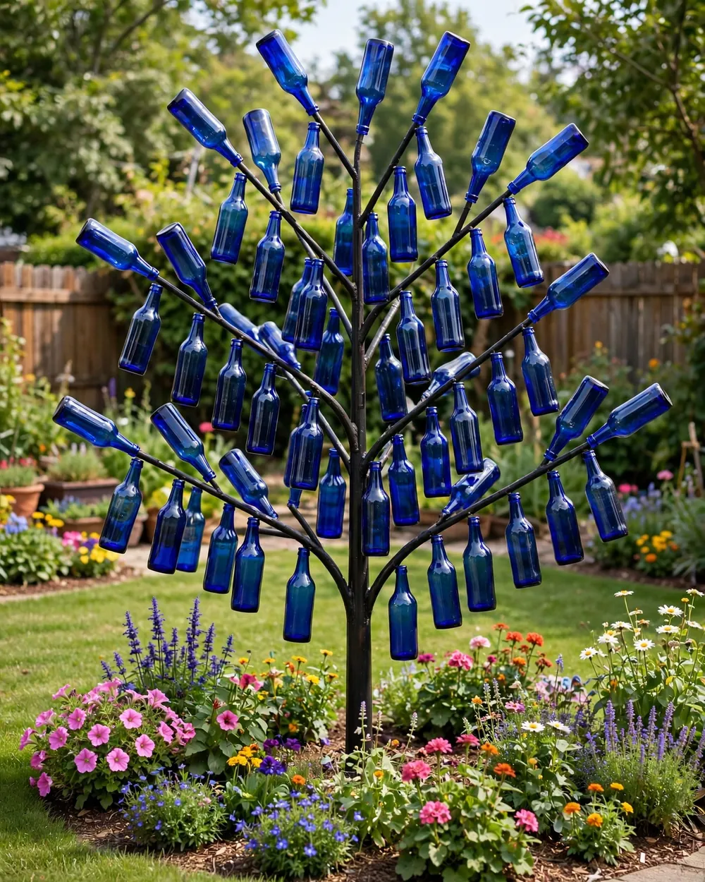 Classic Cobalt Bottle Tree - 22 Glass Yard Art Ideas to Upgrade Your Landscape Style