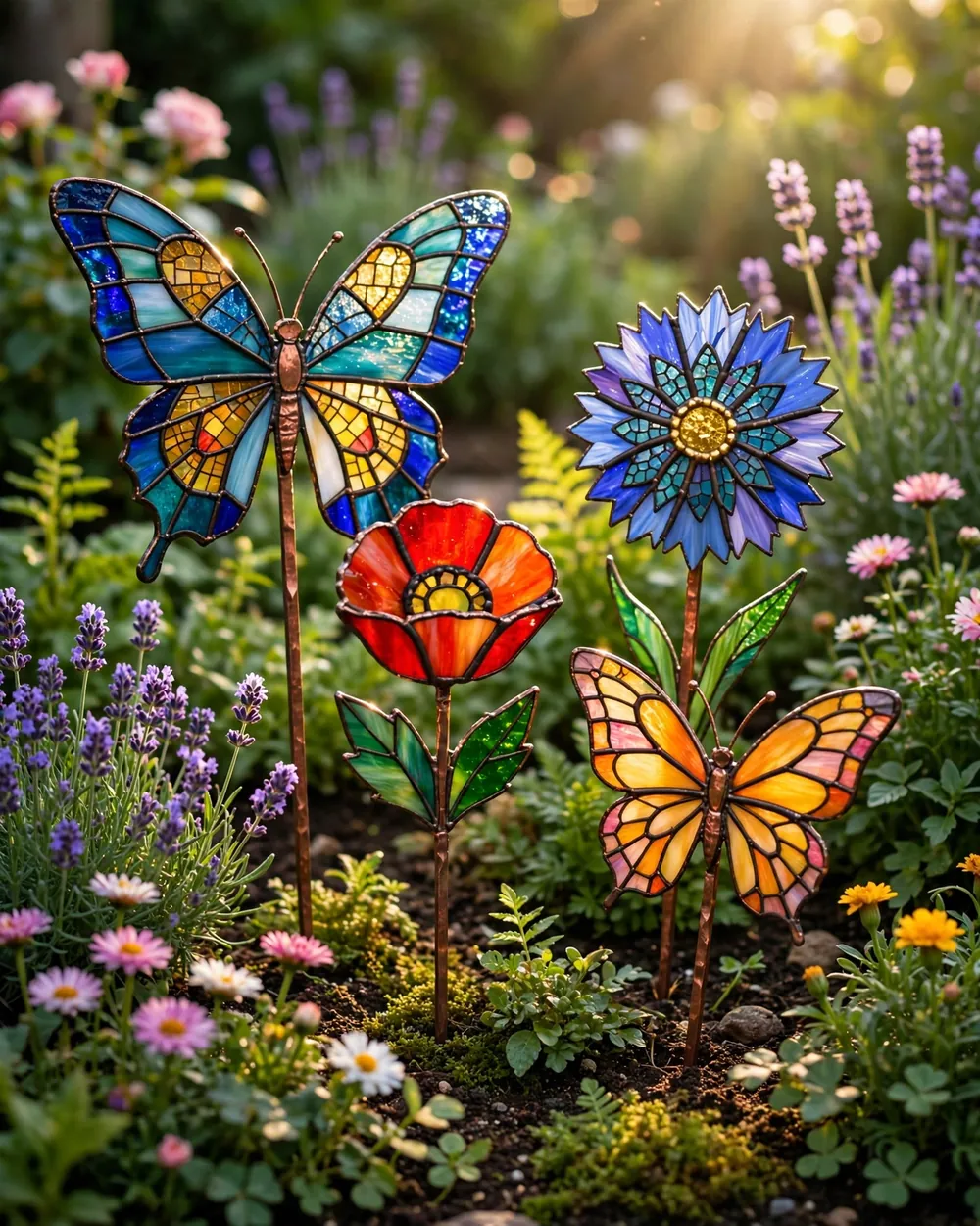 Stained Glass Garden Stakes - 22 Glass Yard Art Ideas to Upgrade Your Landscape Style