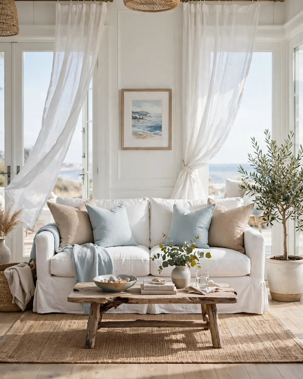 White Slipcovered Sofa with Linen Texture - 13 Coastal Living Room Ideas for a Calm Collected Feel