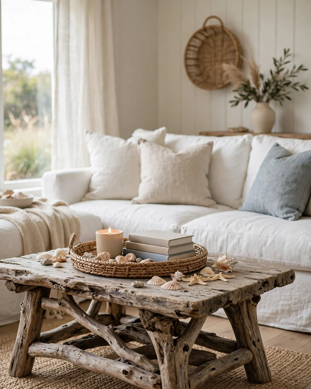 Driftwood Coffee Table Centerpiece - 13 Coastal Living Room Ideas for a Calm Collected Feel