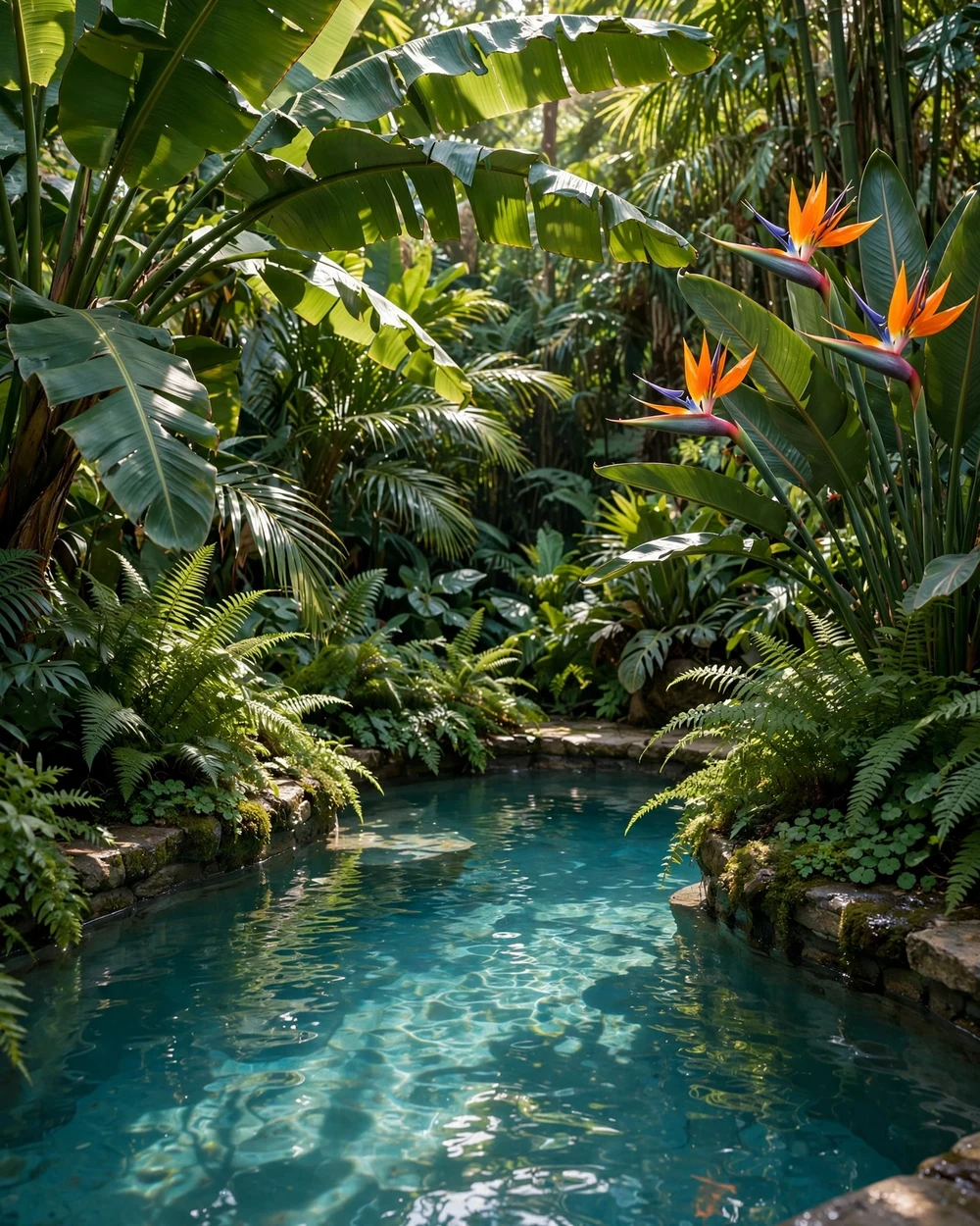 Tropical-Plant Framed Pool - 21 Garden Pool Ideas for a Calm and Natural Backyard