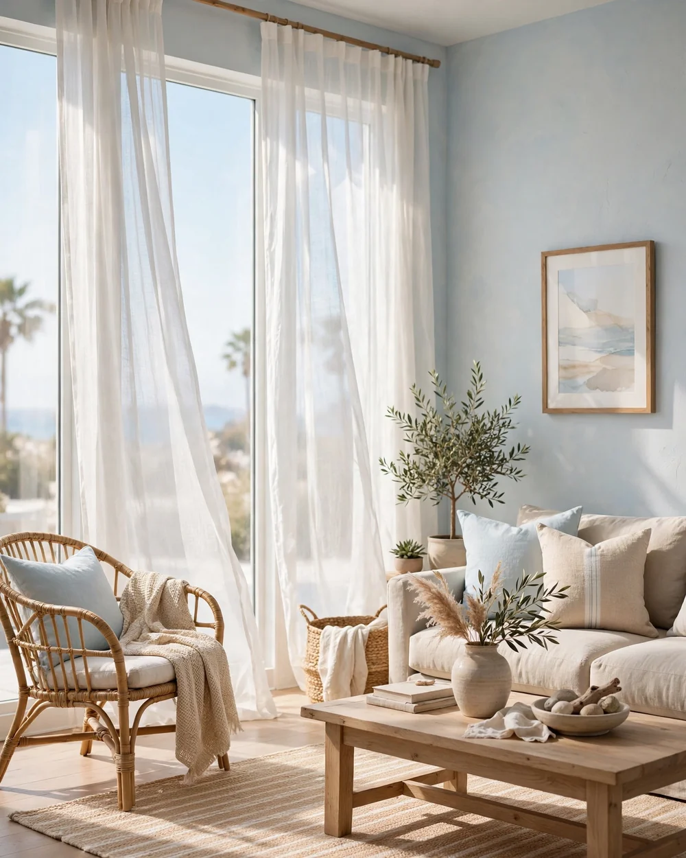 Sheer Linen Curtains for Soft Light - 13 Coastal Living Room Ideas for a Calm Collected Feel