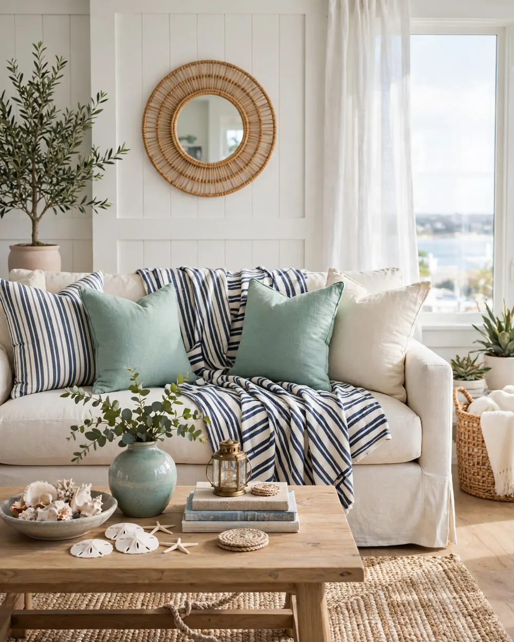 Nautical Stripes in Pillows and Throws - 13 Coastal Living Room Ideas for a Calm Collected Feel