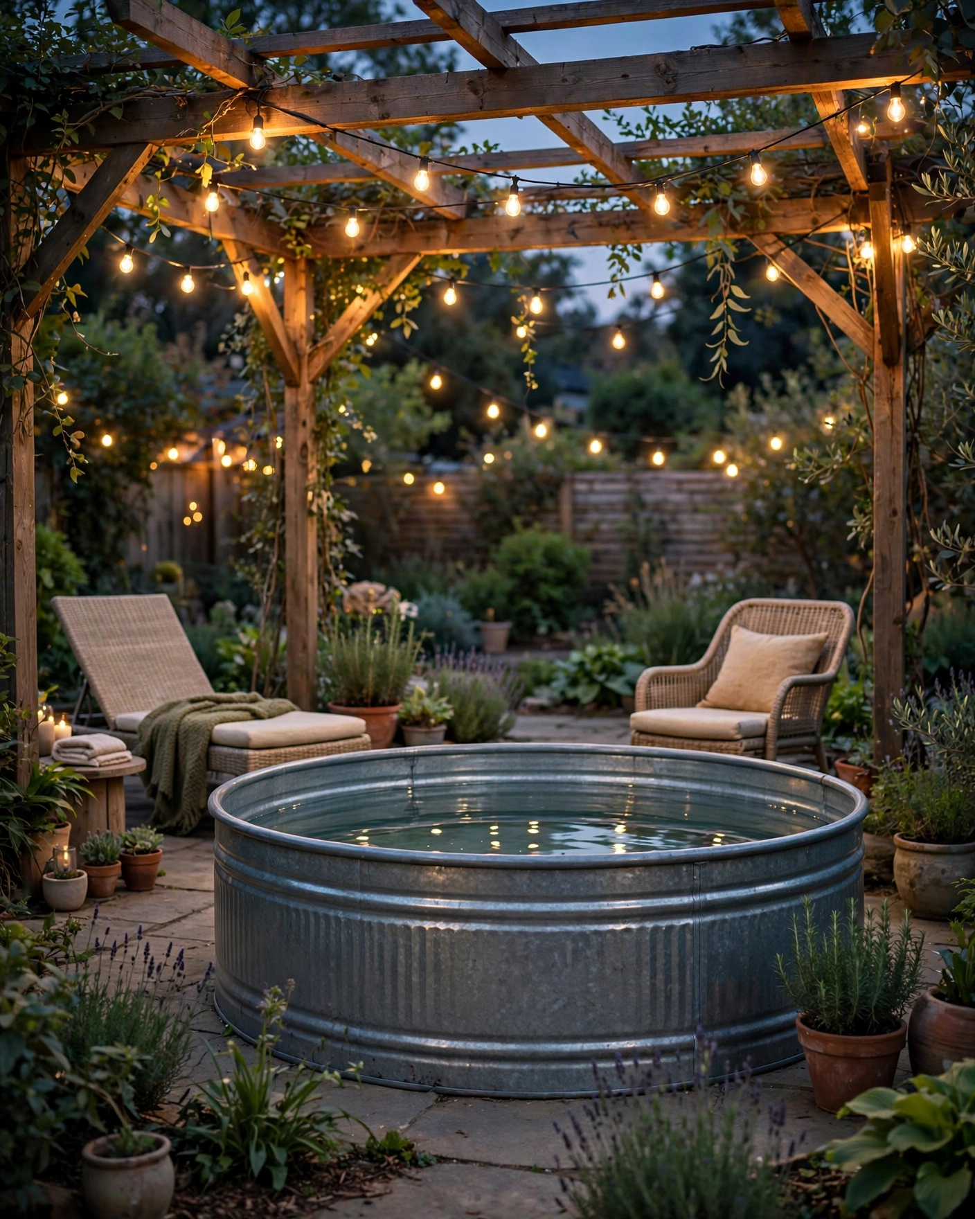 Pergola with String Lights Overhead - 19 Stock Tank Pool Setup Ideas for a Stylish Backyard