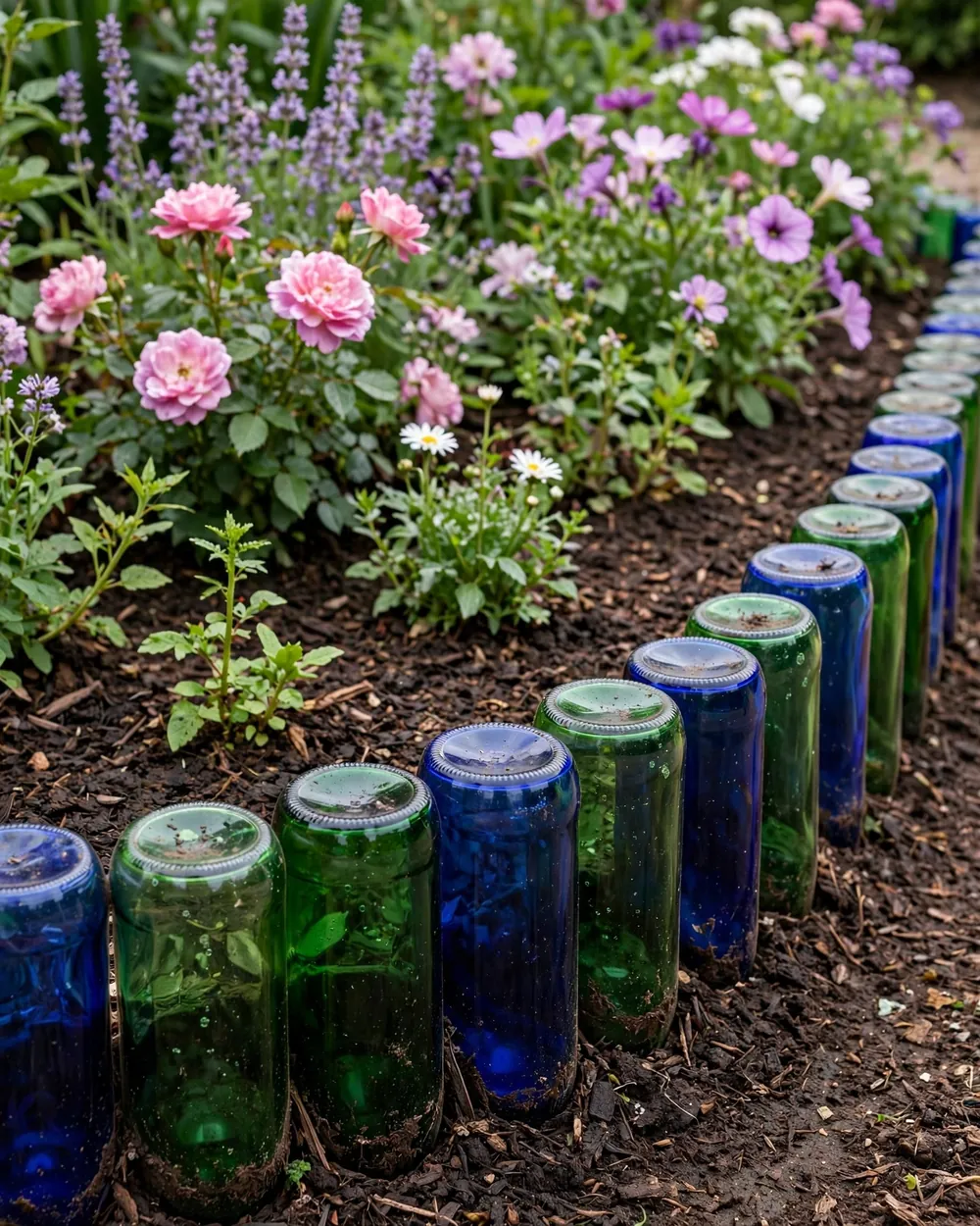 Glass Bottle Garden Edging - 22 Glass Yard Art Ideas to Upgrade Your Landscape Style