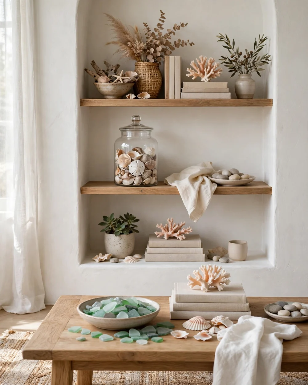 Collected Shell and Sea Glass Displays - 13 Coastal Living Room Ideas for a Calm Collected Feel