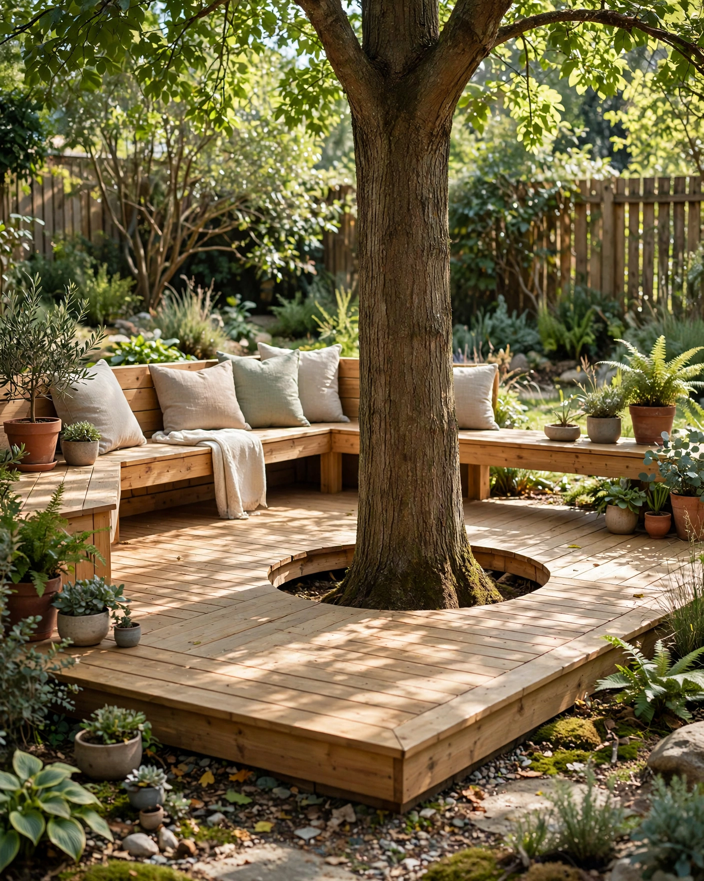 Deck Wrapped Around a Tree - 14 Ground Level Deck Designs for a More Useful Backyard