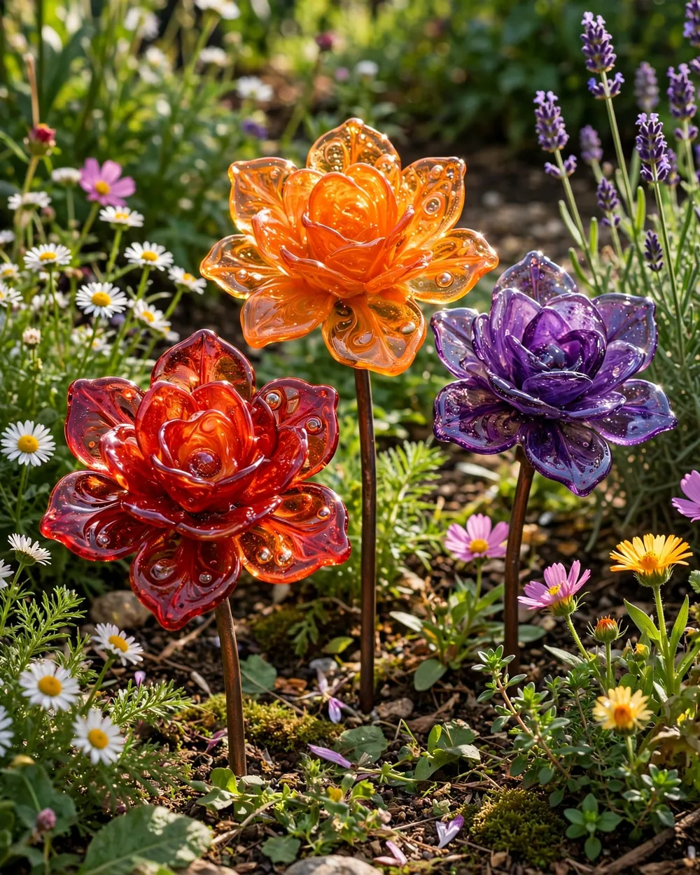 Fused Glass Flower Blooms - 22 Glass Yard Art Ideas to Upgrade Your Landscape Style